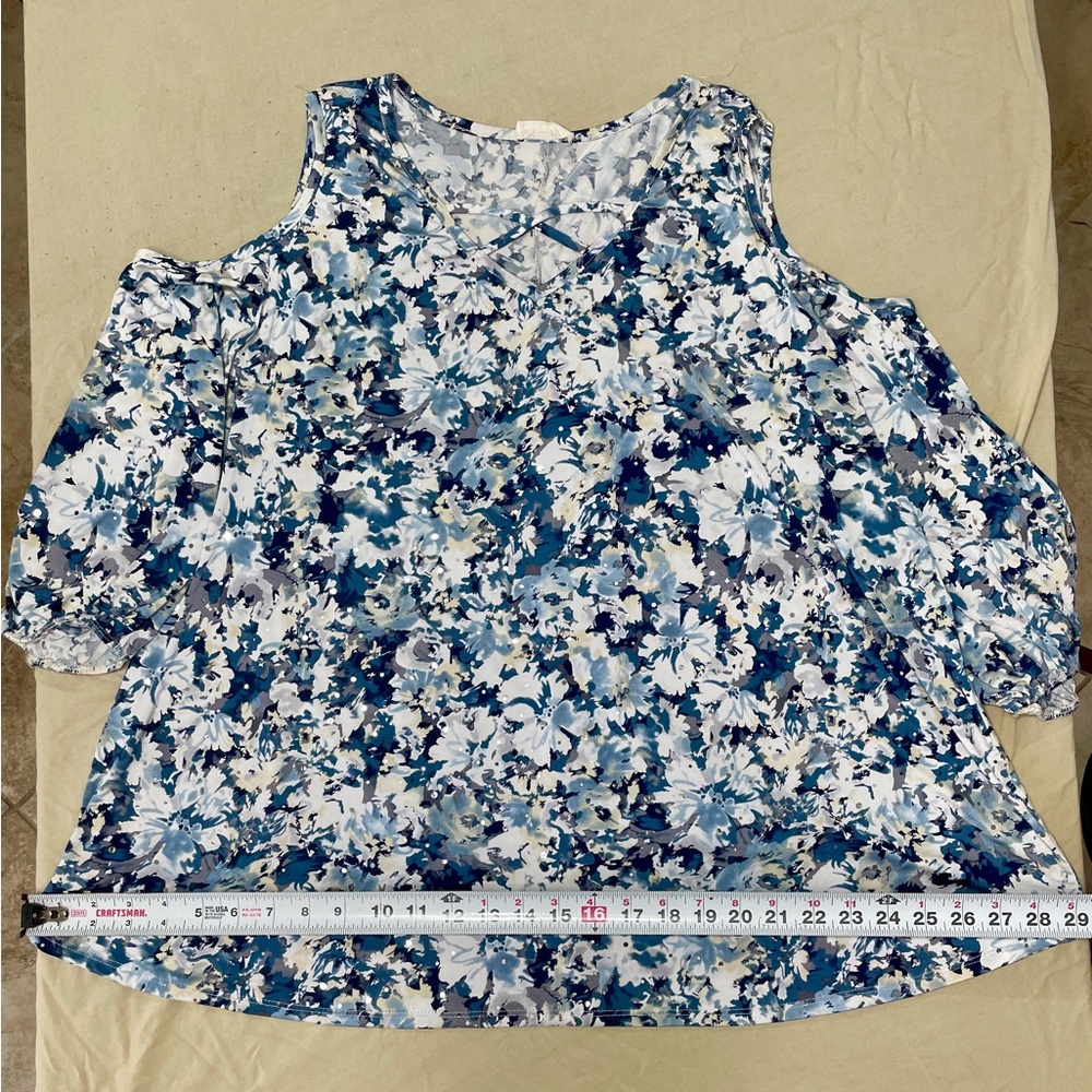 Brittany Black Blue Cold Shoulder Knit Blouse with Floral Pattern, Size 2X